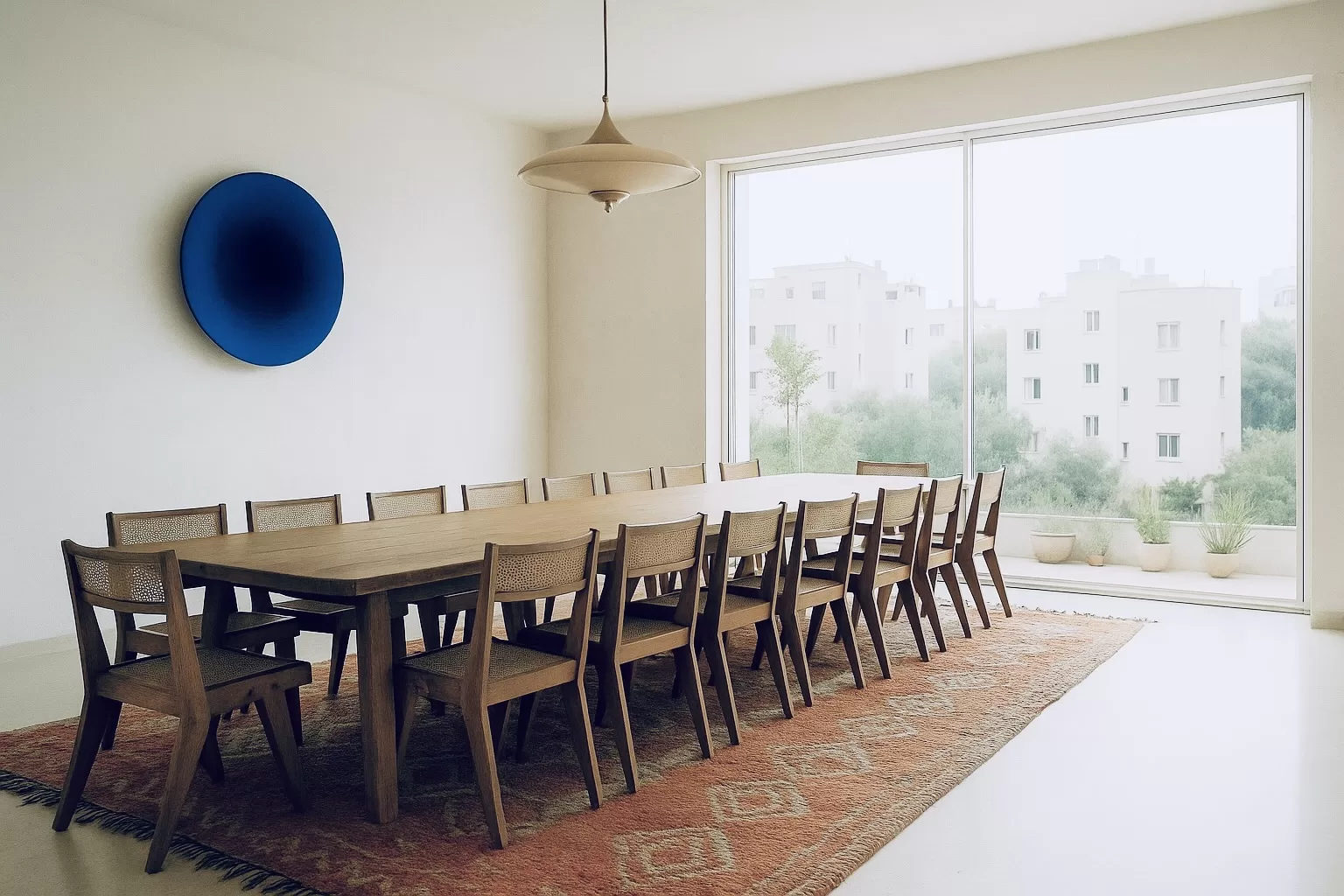 a room with a table and chairs